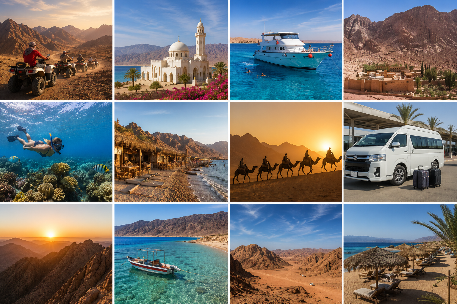 A collage of South Sinai adventures: quad biking, boats, snorkeling, and camel treks